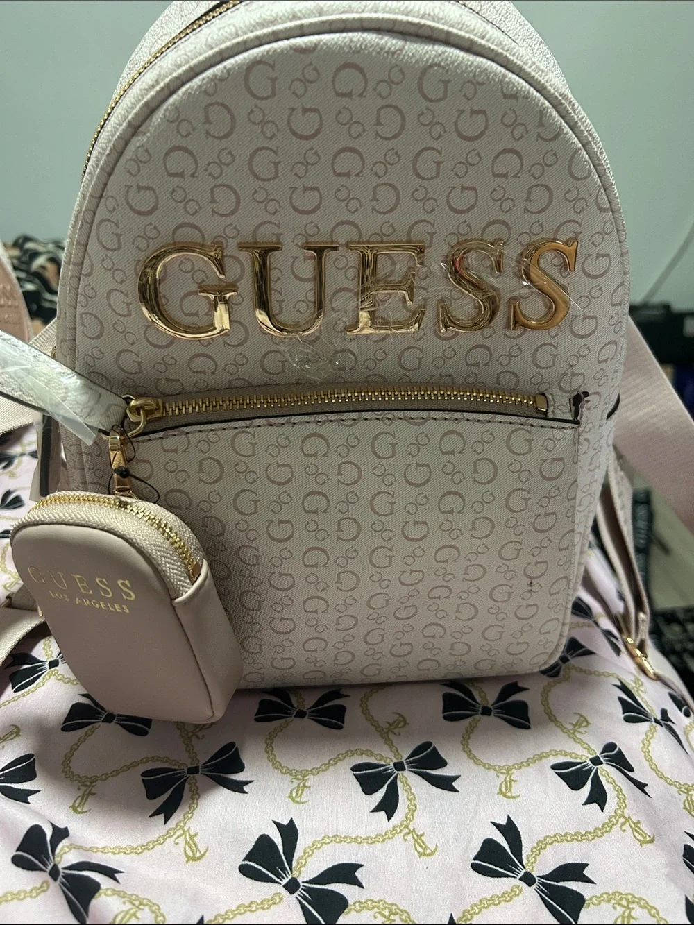 GUESS Light Beige Mini Backpack with Gold Logo